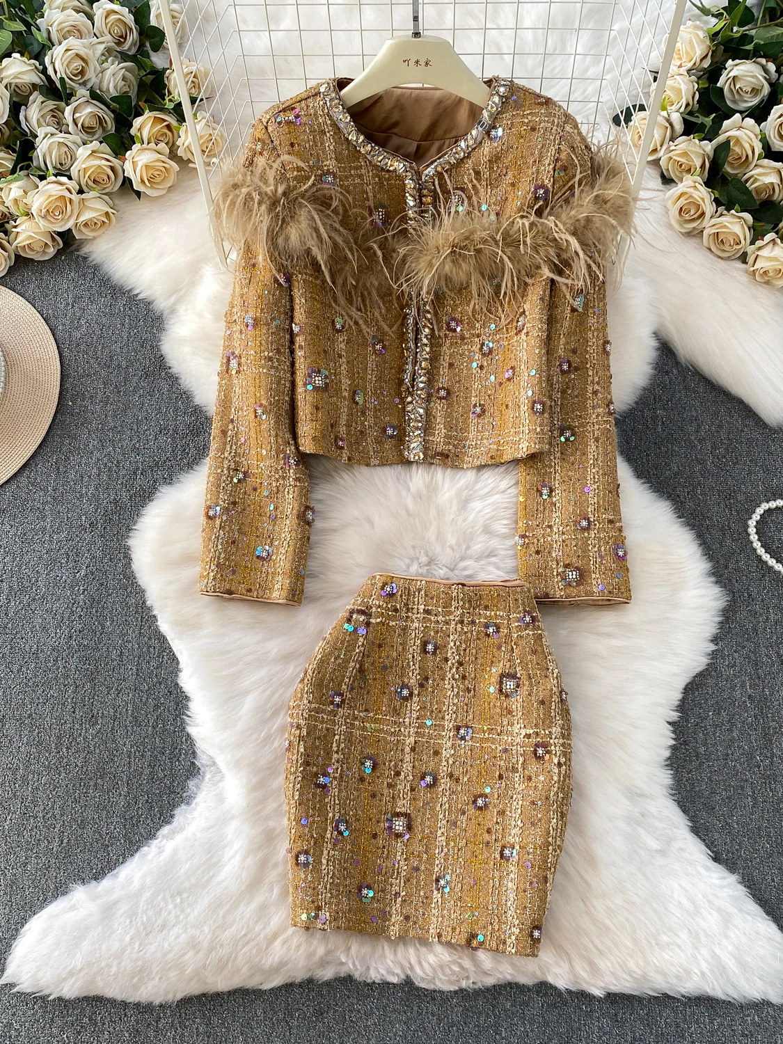 

Ele European Sle ort Coat And Skirt Set for Women with Diamond Embelliment round Ne Heavy Work Mosaic Design