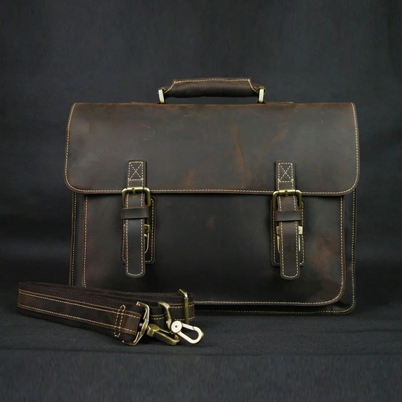 Vintage Crazy Horse Genuine Leather Briefcase Men Briefcase Leather Business Briefcase male Tote 15.6\