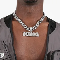 Women Men Rhinestone KING Pendant with 15mm Cuban Chain Hip Hop Party Fashion Jewelry
