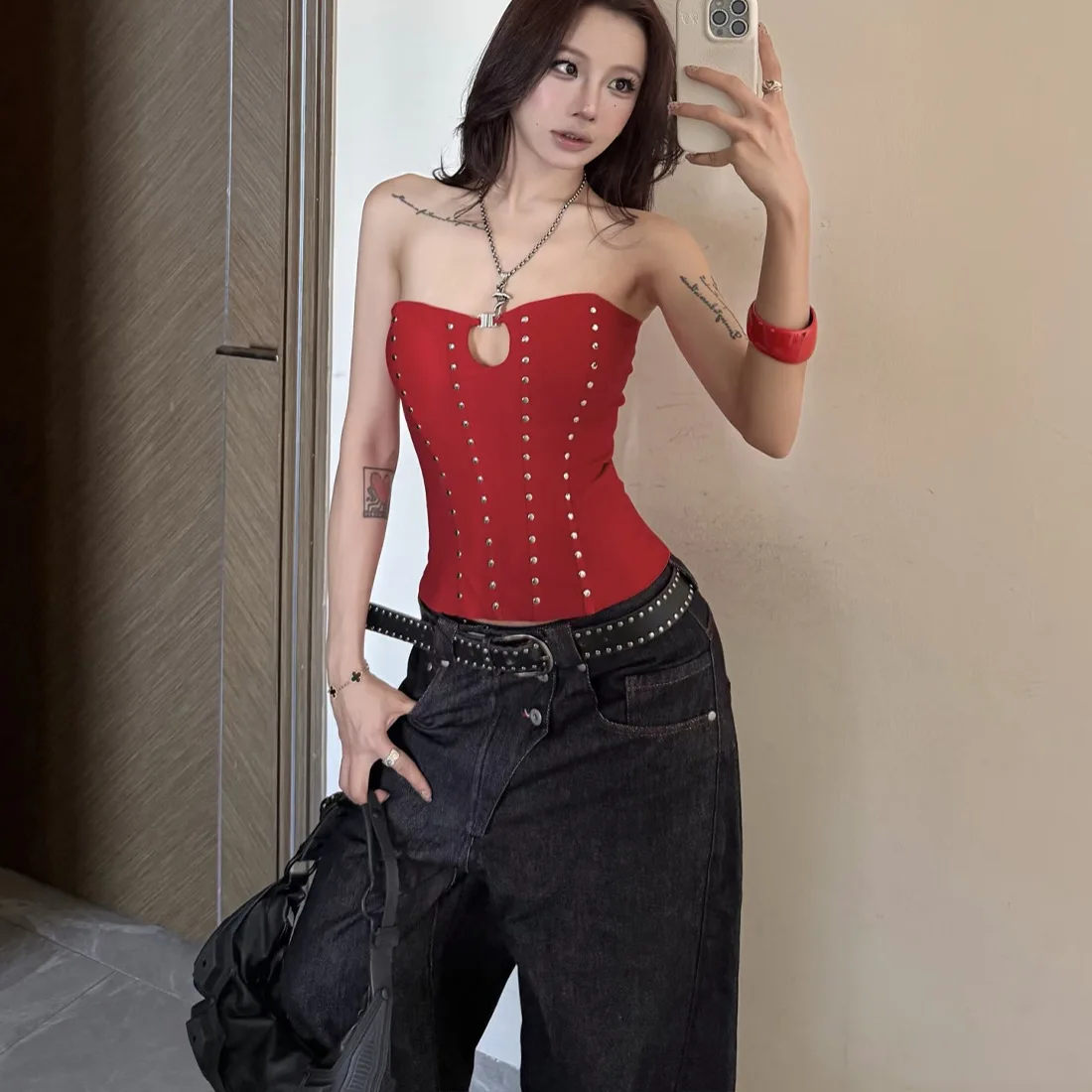 DSMTRC Women Classic Trend Hollow Sleeveless Stretch Skinny Coquette Midnight Party Club Red Vest Sexy Christmas Rivet Tank Tops