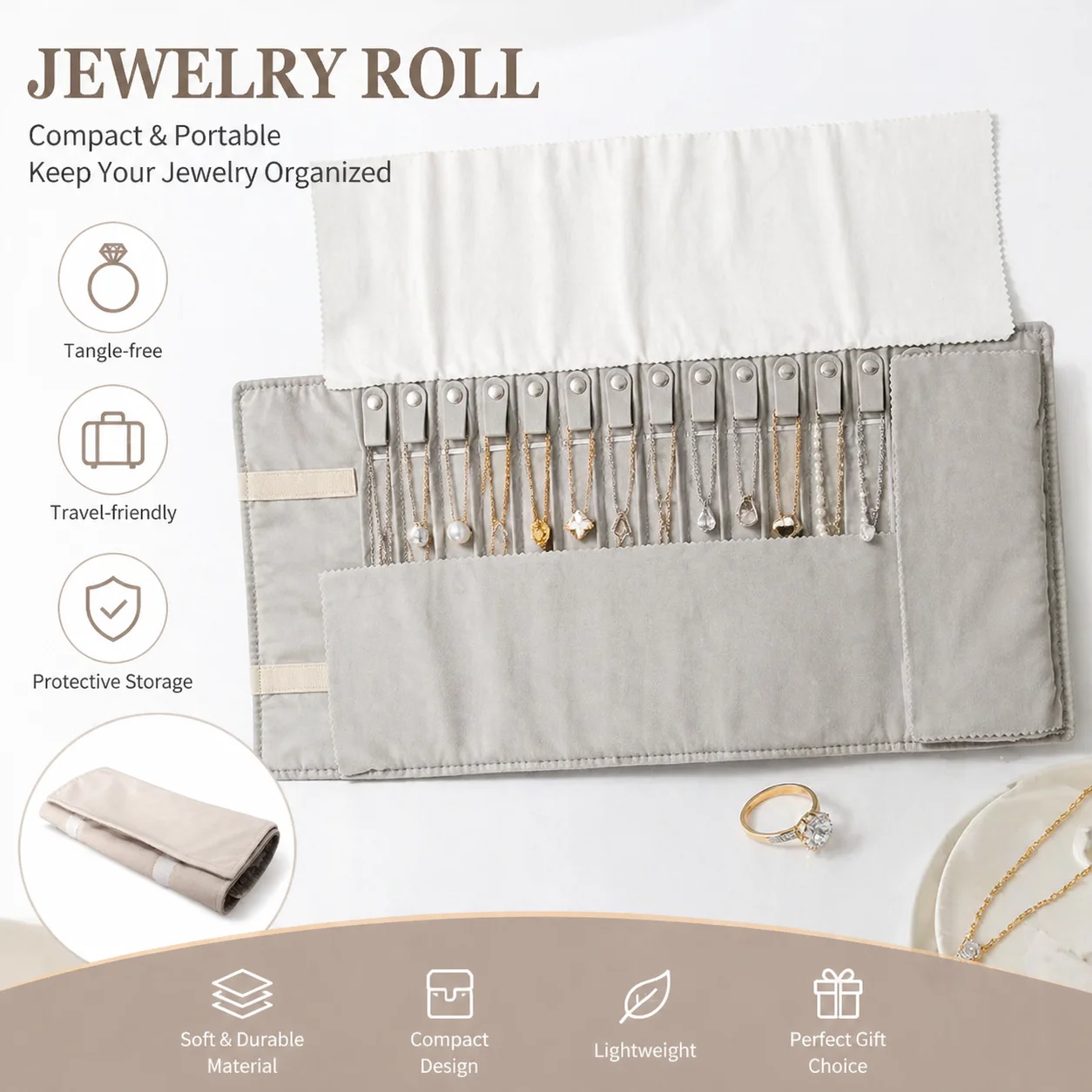 Travel Jewelry Roll - Foldable Plush Case for Necklace Bracelet Pendant - Portable Lightweight Storage Bag