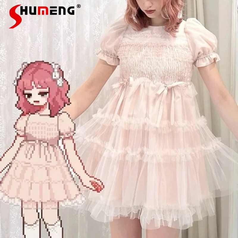 Sweet Cute Dress Japanese Lolita Style Elegant Sheer Puff Sleeves A-Line Short-Sleeved Tie Waist Short Dresses Kawaii Vestidos