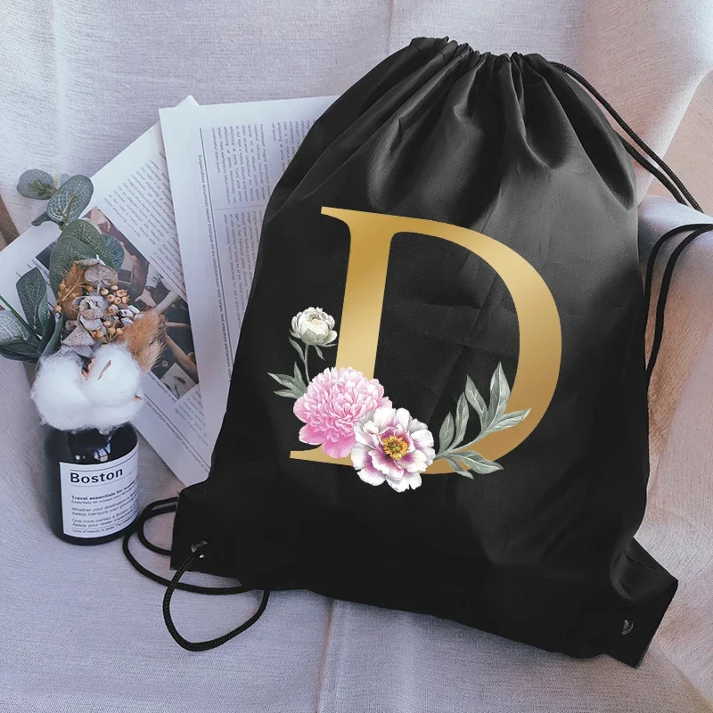 Drawstring Bag Alphabet Flower Print Sports Bags Waterproof Backpack Bundle Pocket Custom Printing Logo for Women Students