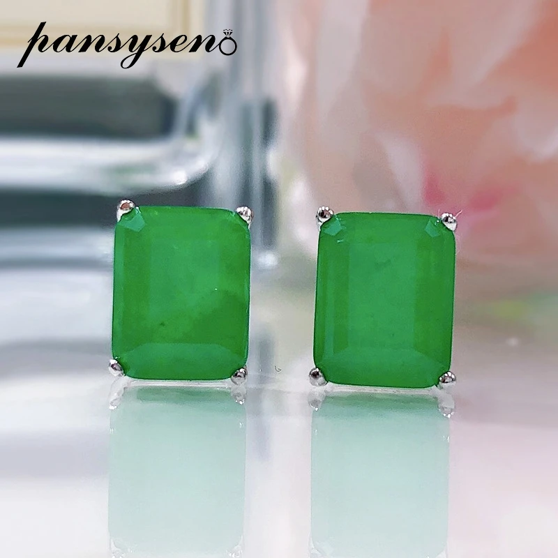 

PANSYSEN vintage 925 Sterling Silver 8x10MM Emerald Paraiba Tourmaline Gemstone Stud Earrings 18K White Gold plated Fine Jewelry