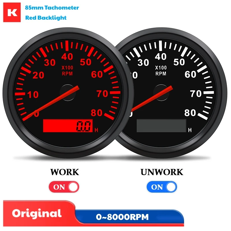 85mm Tachometers Gauges Pulse Signal 0-8000RPM Show Rev Counters 1-300 Speed Ratio RPM with Hourmeters & Red Backlight for Car