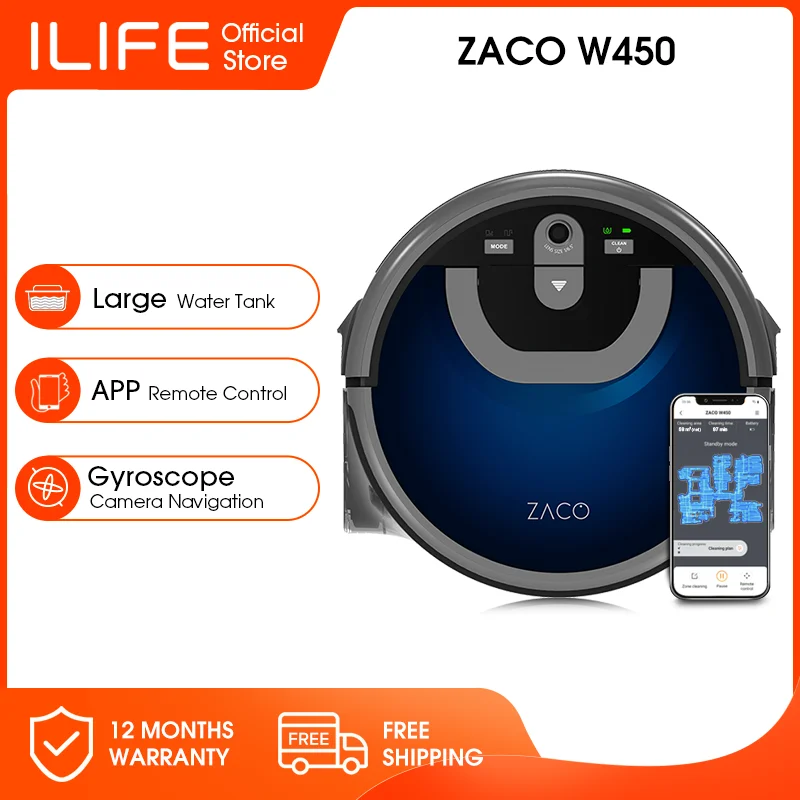 ZACO ILIFE W450 Robot do mycia podłóg Shinebot, duży zbiornik na wodę 0,85 l i 0,9 l, nawigacja z kamerą, kontrola aplikacji Wi-Fi, system