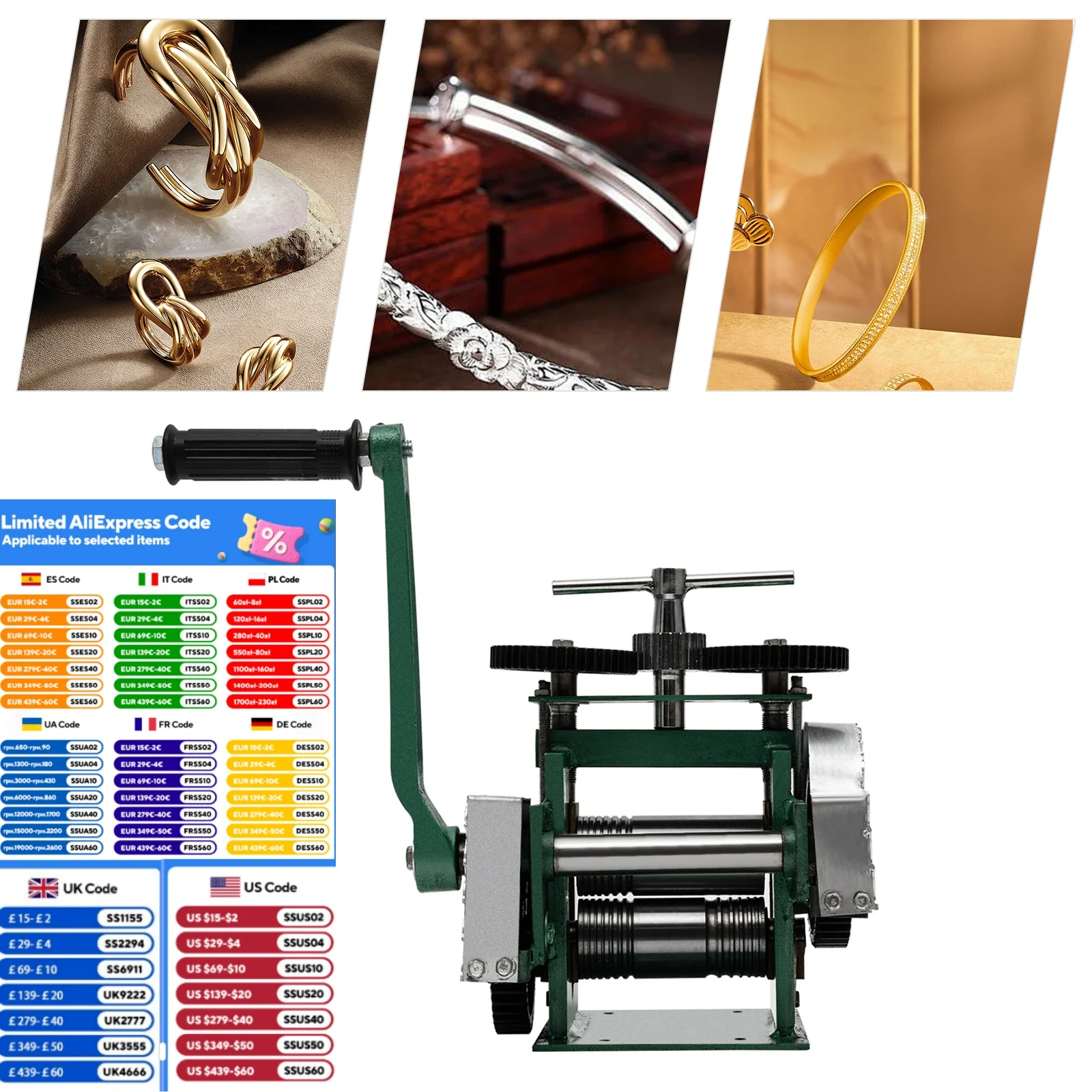 Máquina laminadora de joyería Manual, espesor de prensa ajustable de 120mm, operada a mano para prensa de chapa de alambre de cobre dorado, plateado