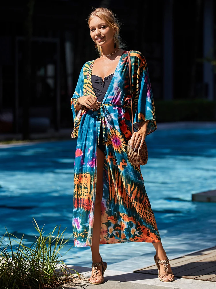 Boho Dress 2023 Print Beach kimono per le donne Bikini Cover up Kaftan Dress Robe tunica per Beach costume da bagno costume da bagno Cover up