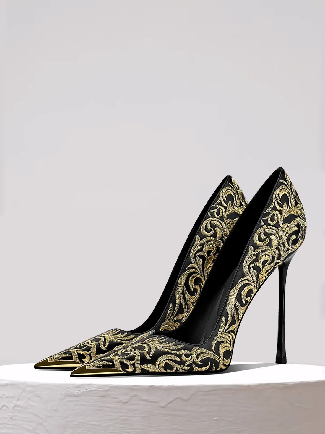 HLTINO Golden Embroidered High-heeled Shoes Autumn New Luxury Pumps for Ladies Vintage Style Heels Women Retro Elegant Stilettos
