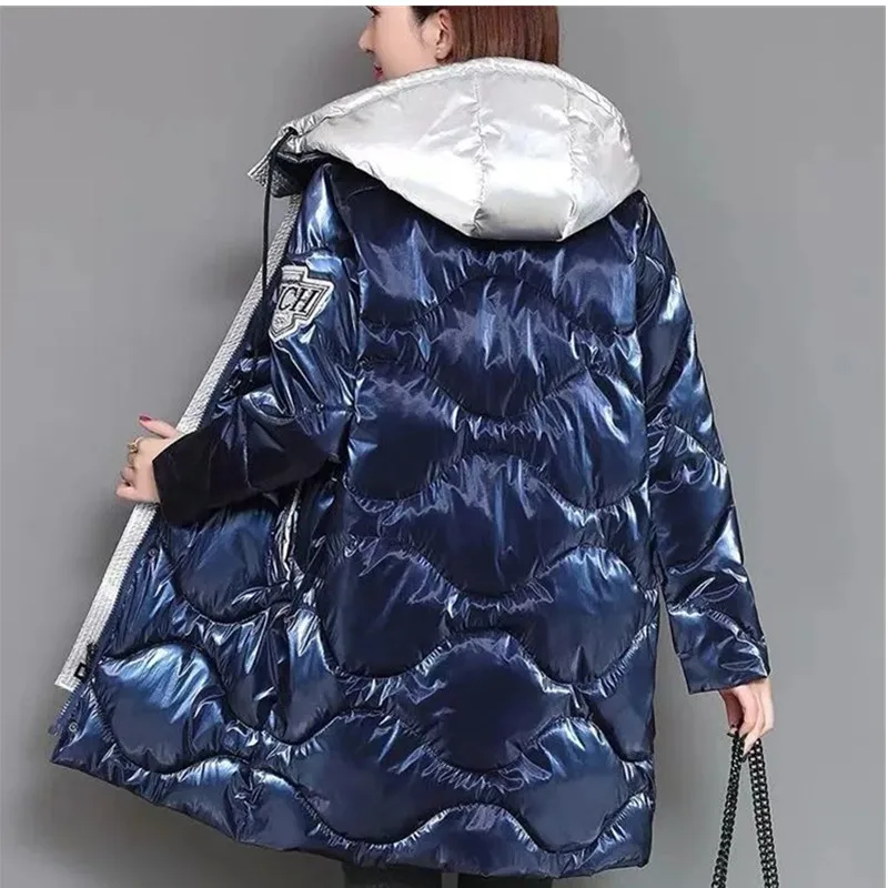 Winter Spliced Glossy Down cotton Jacket Women\'s Clothing 2024 Winter Female New Thicken Parka Warm Loose Hooded cotton Coats