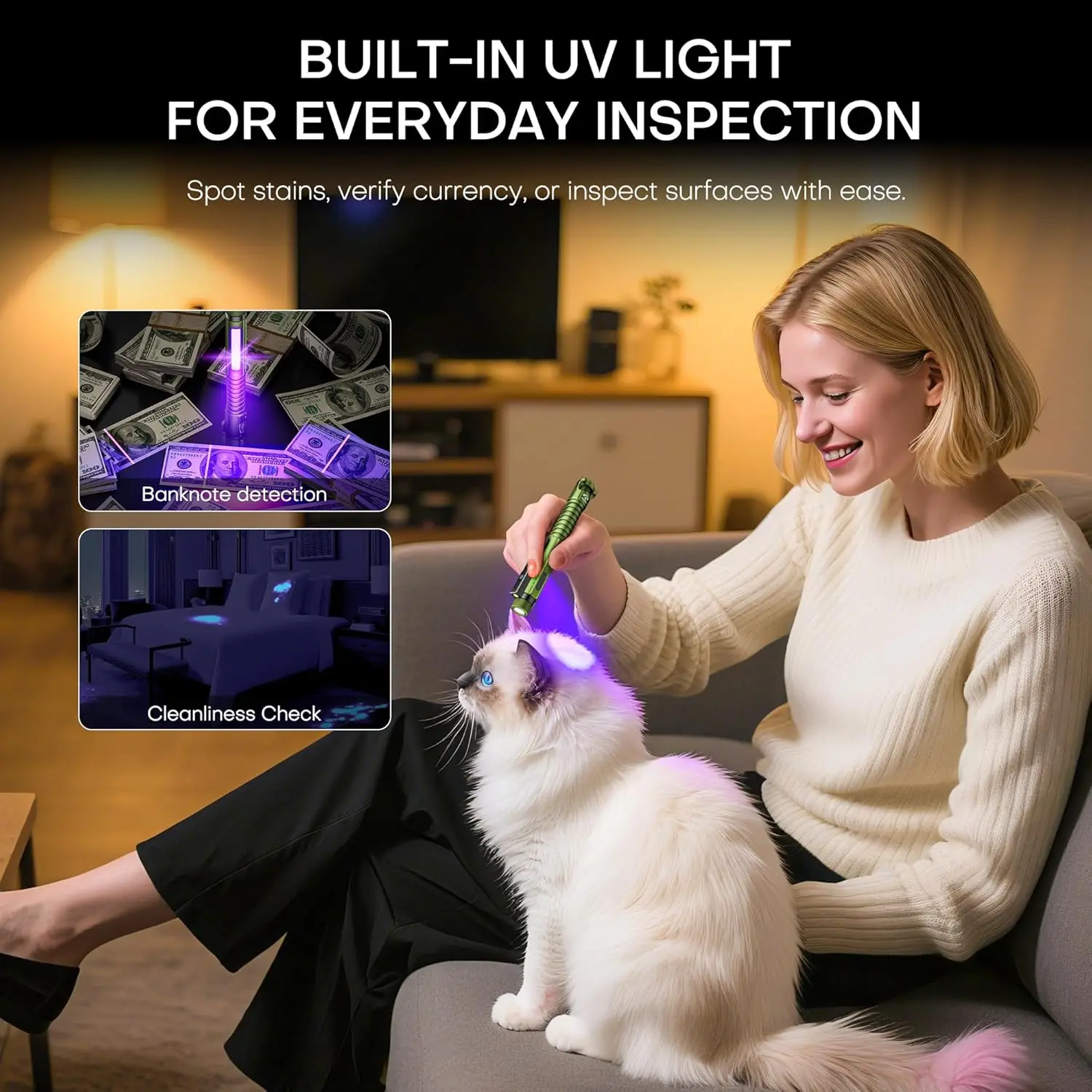 مصباح يدوي 800 لومن قابل لإعادة الشحن مع مشبك مغناطيسي، 11 وضع LED، USB-C، كسارة زجاج وفتاحة زجاجات لـ EDC، العمل، المنزل، Em