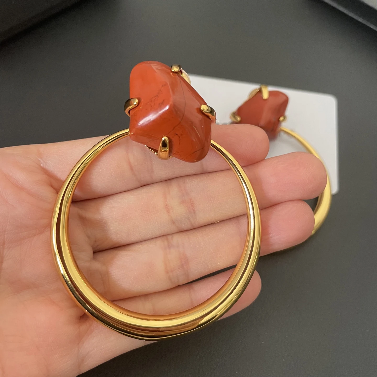 Europe American Brand Red Natural Stone Round Gold Earring Ear Clip Woman Luxury Jewelry - view 3