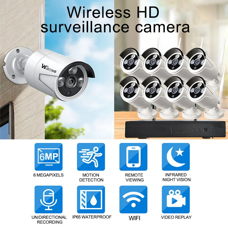 Wistino 4ch 6MP bullet cctv camera full hd kit night vision motion detection wireless NVR surveillance camera