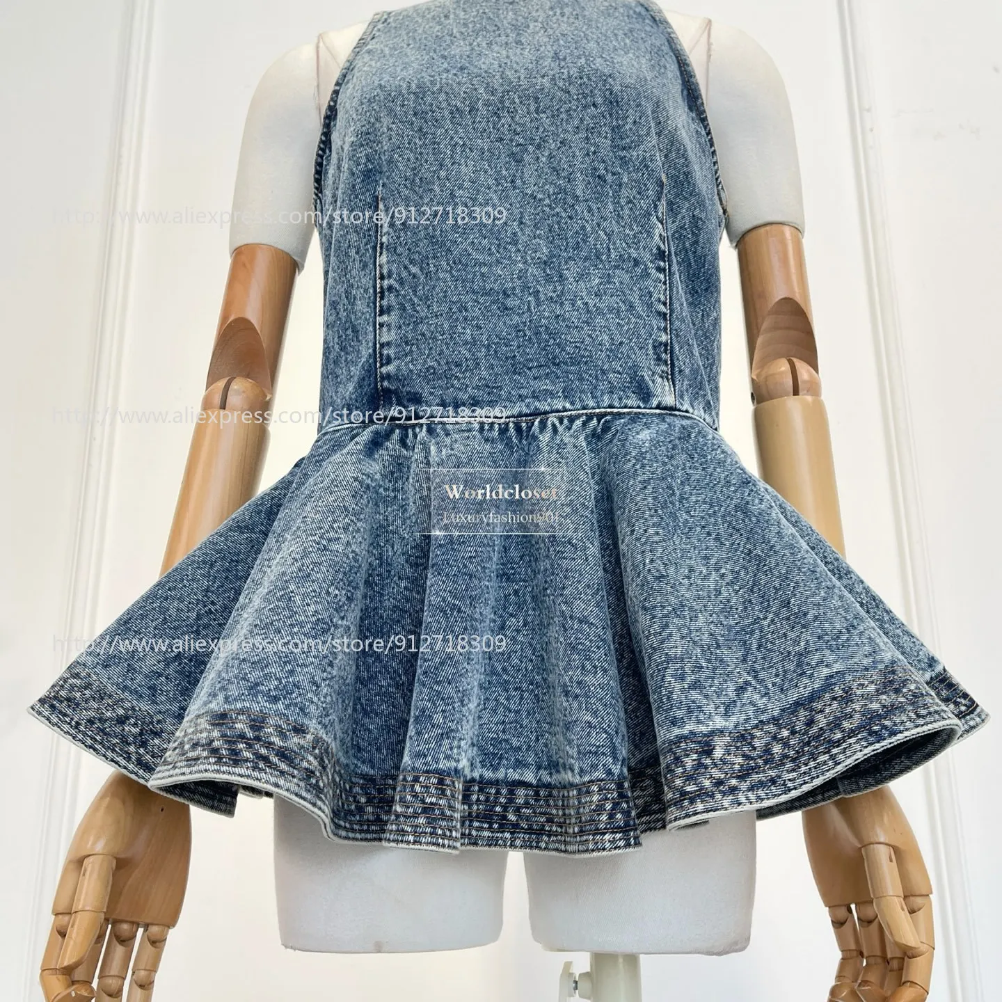 

2026 Woemn Clothes Blue Acid Wash Denim Sleeveless Ruffles Vest Blouse Party Tops