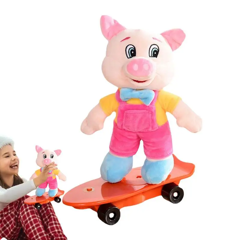 Skateboard Pig Plush Electric Cartoon Pig Balance Bike Toys With Music Pig On Skateboard Singing And Spinning Toy Interactive