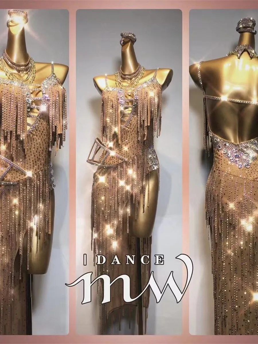 Ręcznie wykonana sukienka do tańca latynoamerykańskiego – niestandardowy kostium do zawodów balowych z eleganckimi frędzlami i błyszczącymi kryształkami dla kobiet