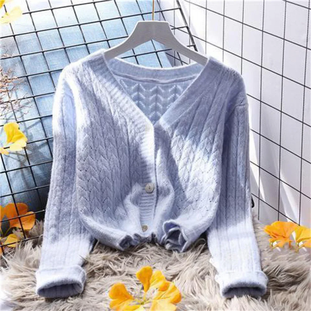 Fashion Yellow Cropped Sweater Coat Women\'s Loose Outer Wear Korean New Autumn All-Matching Western Style Knitted Cardigan V775