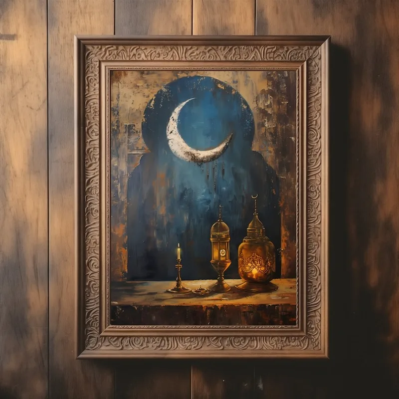 

2D/Flat Noframed Modern Islamic Ramadan Canvas Prints, Ramadan Crescent Wall Art Poster for Living Room and Home Decortion