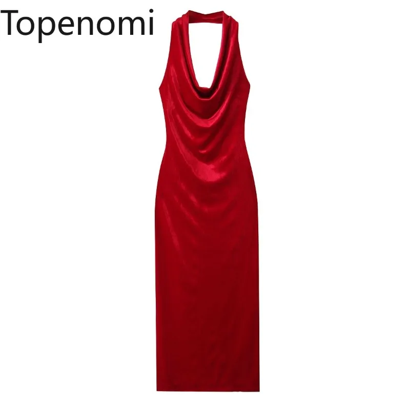 Topenomi, vestidos de noche sexis de terciopelo con cuello Halter rojo para mujer, vestido largo de fiesta de banquete envuelto con cintura ajustada y espalda descubierta con temperamento francés