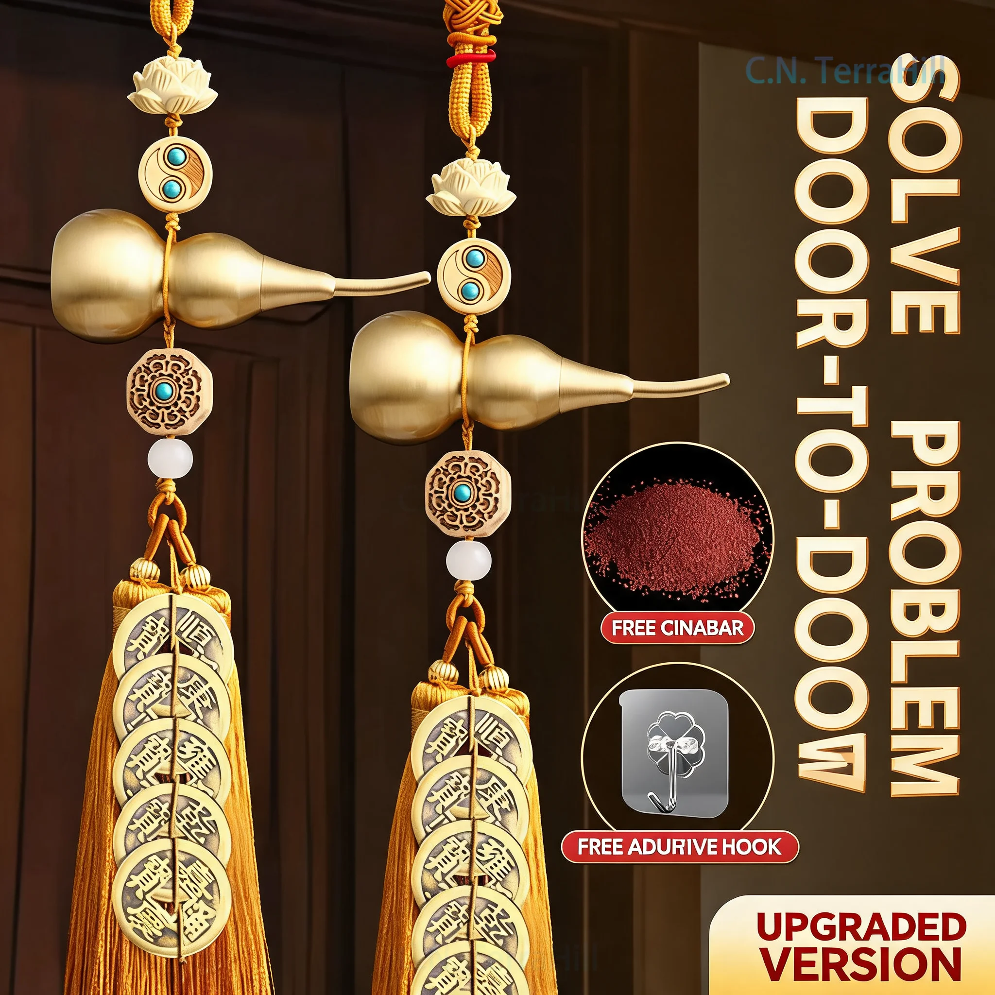 Five Emperor Coins Hanging Decoration with Gourd, Natural Copper Coins, Red Braided Rope, Lucky Knot for Door Entrance, Feng