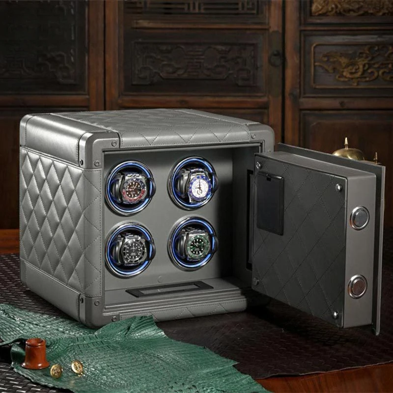 Luxury Leather Mini Watch Winder Safe Box Watch Storage Box 4 Slots Touch Screen With Atmosphere Lamp