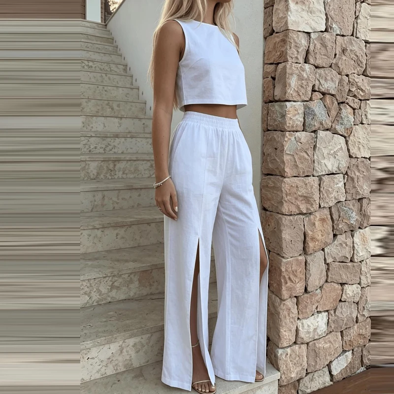 

Summer High Waist Pocket Pants Two Piece Sets Elegant Lady Simple Commute Outfits Casual O-neck Solid Crop Tops&Split Pants Sets