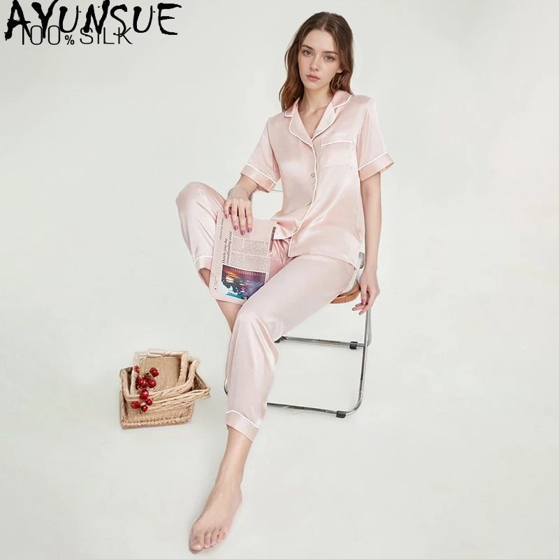 AYUNSUE Natural Mulberry Silk Sleepwear Women 19MM 100% Real Silk Home Clothes Spring Summer Pajama Set Womens Top Casual Pants
