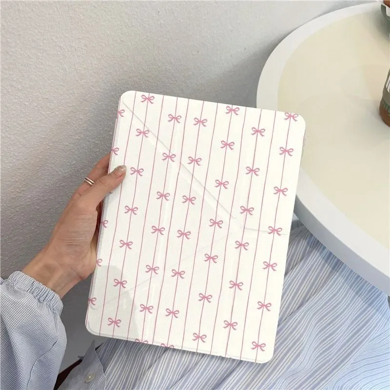 Korea Pink Stripe Bow Tablet Case For iPad Pro 11 12.9 13 8.3 M4 M5 9.7 10.2 5/6th 7/8/9 10th 11th Mini 6 7 Air 5 6 Stand Cover