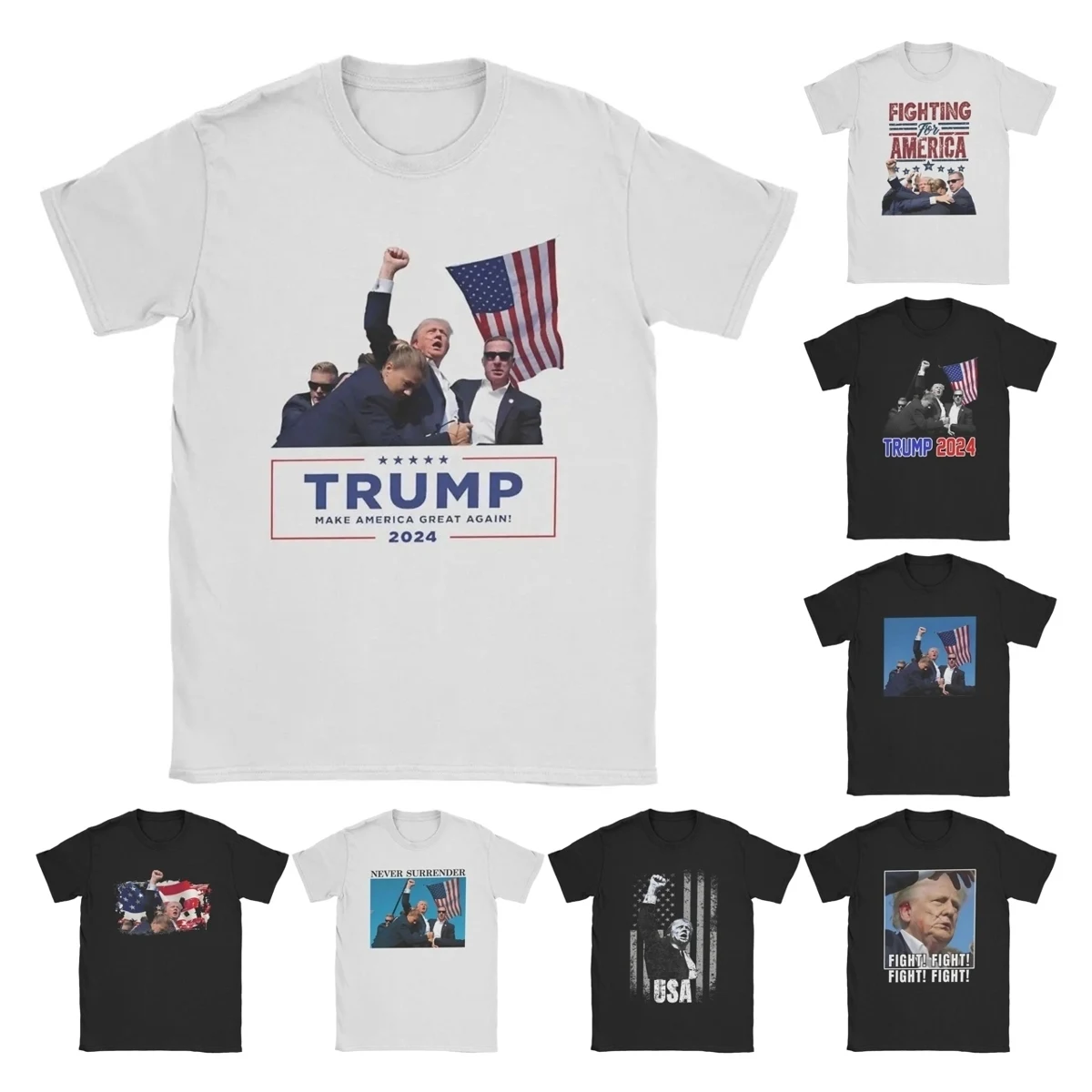 Men T-Shirt Trump Shot Assassination Attempt Novelty 100% Cotton Tee Shirt Short Sleeve 2024 Fight T Shirt Round Collar Clothing