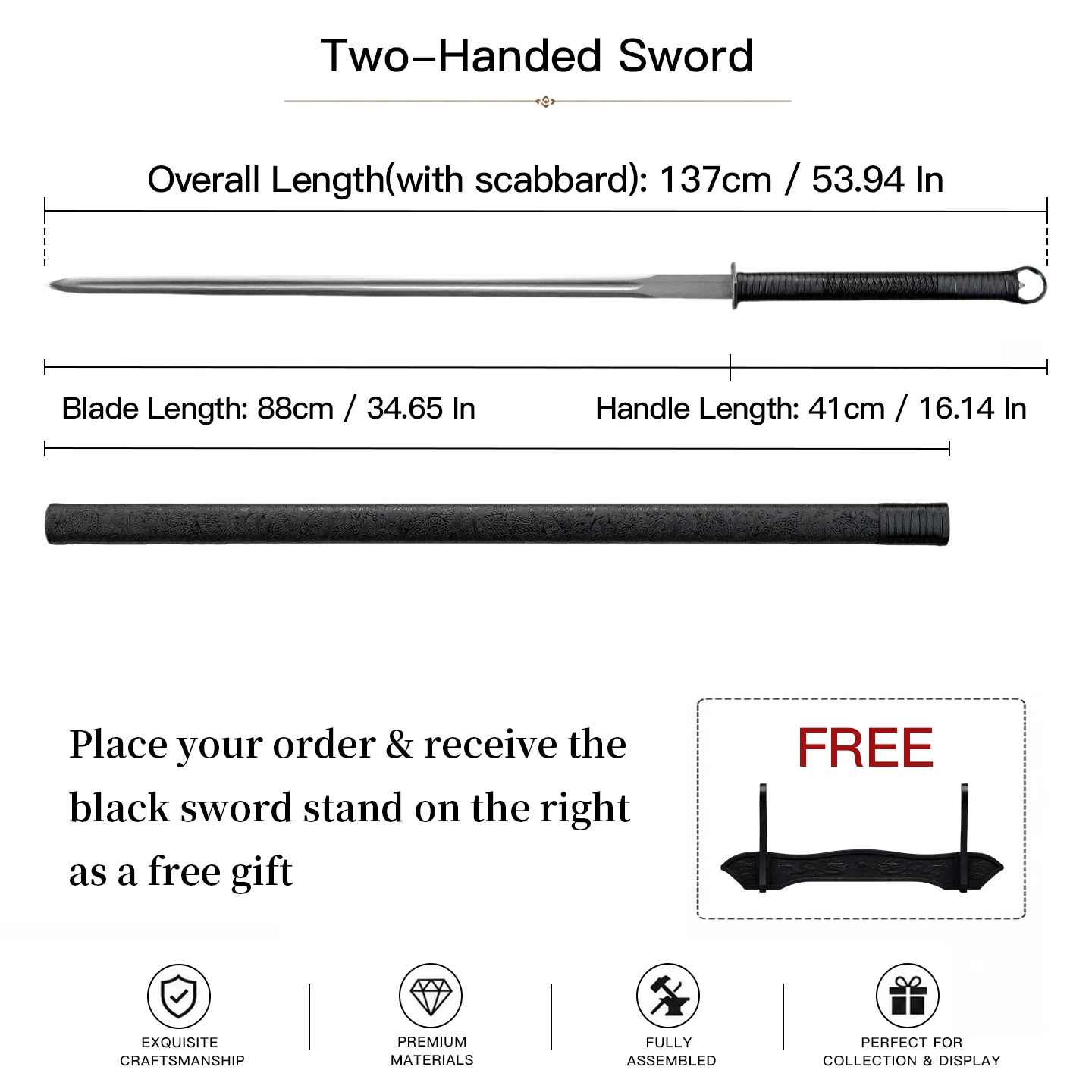 Two-Handed Ring Pommel Hidden Stick Sword Manganese Steel Long Blade Black Textured Scabbard Free Sword Stand Decor Collection