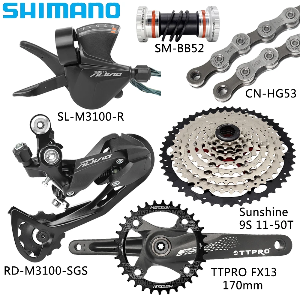 

SHIMANO AVILIO M3100 9-скоростные комплекты переключателей MTB велосипедная цепь HG53 11-42T/46T/50T кассета FX13 170 мм шатуны SM-BB52 нижняя часть