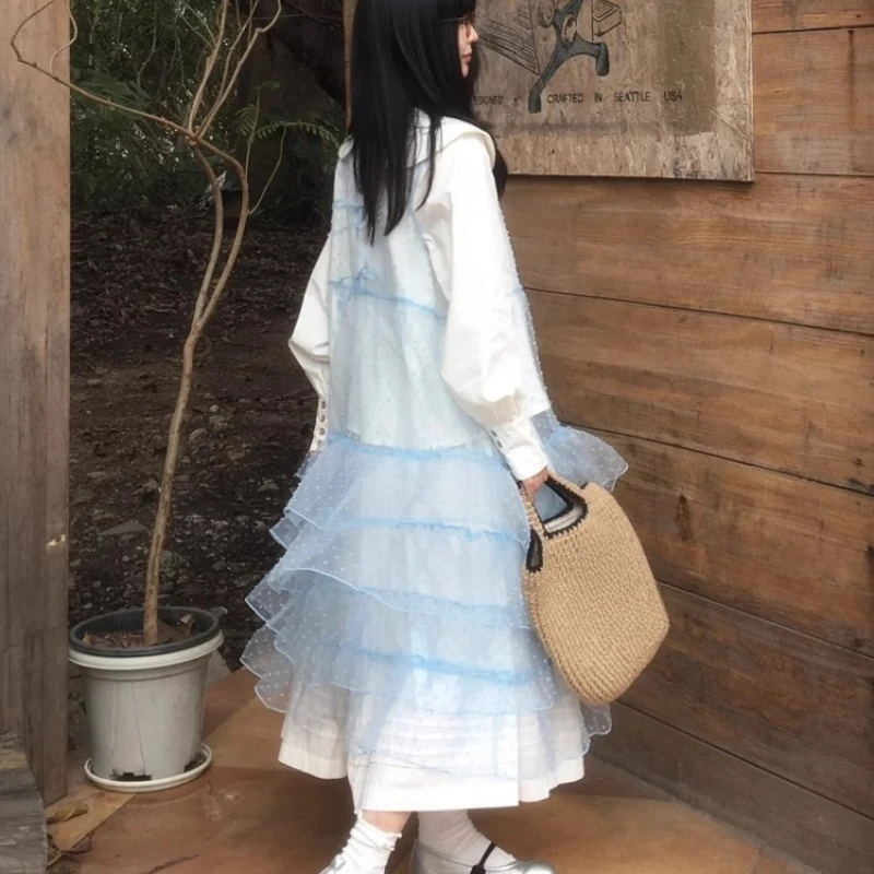 Japonês azul bordado bolinhas organza vestido feminino design original empilhado tule dupla camada plissado borda vestidos senhoras