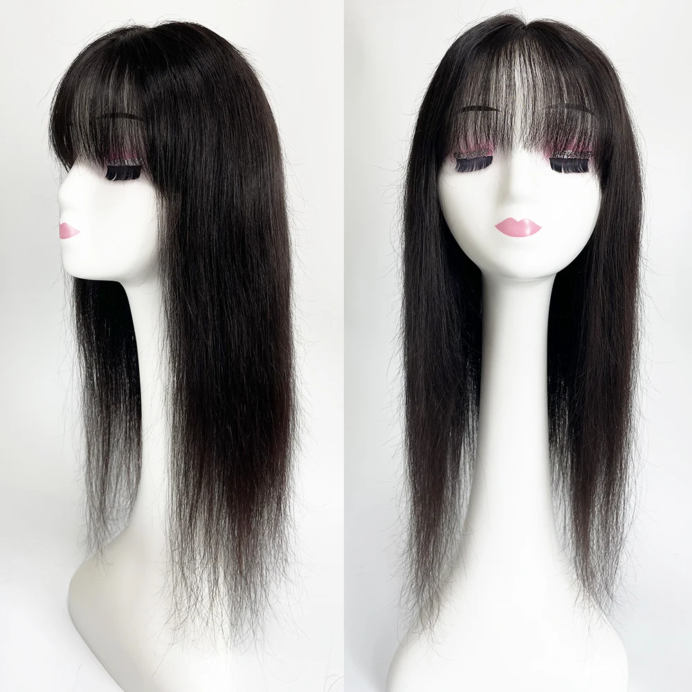 4X4 Inch HD Lace Base Wispy Bangs Topper Natural Black Hair Hairpieces with Clips Virgin Straight Human Hair Wefted Topper