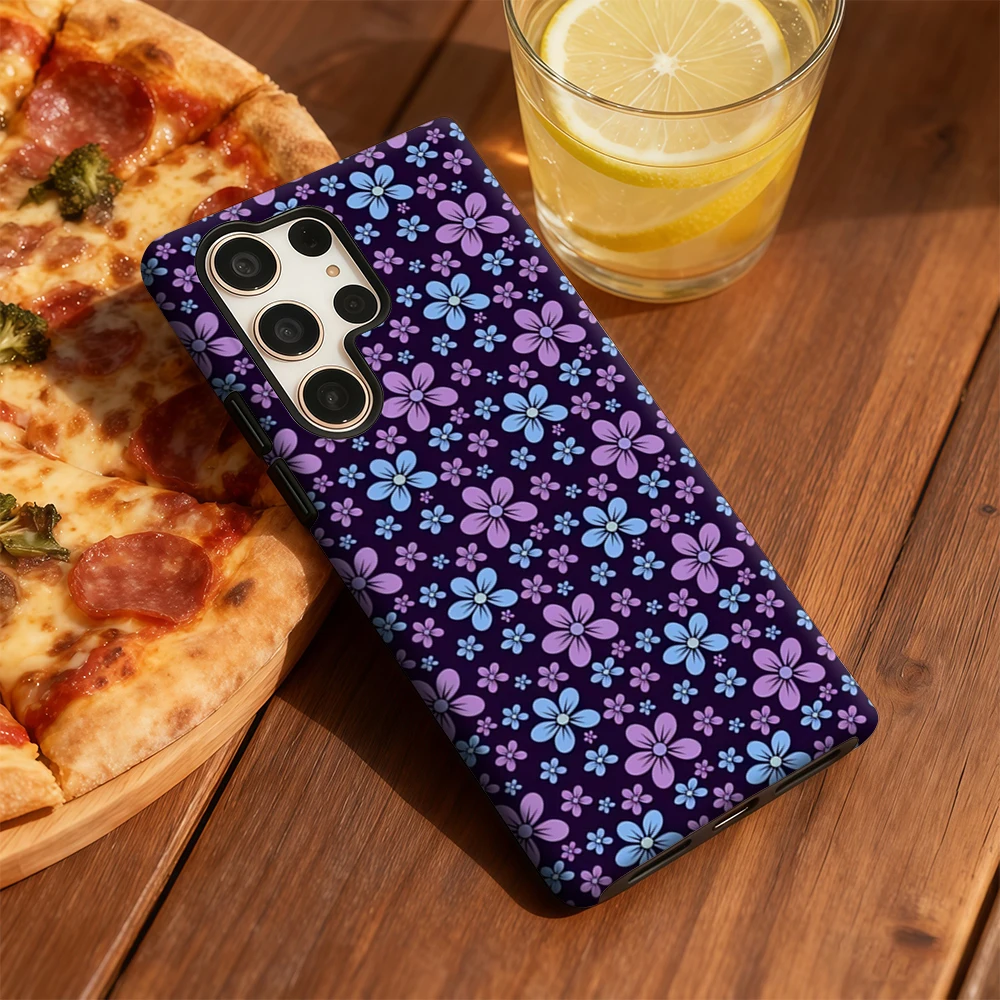 Blauwe en paarse bloemen telefoonhoesje voor Samsung Galaxy S25 Ultra S24 S23 Ultra Plus schokbestendige dubbellaagse achterkant