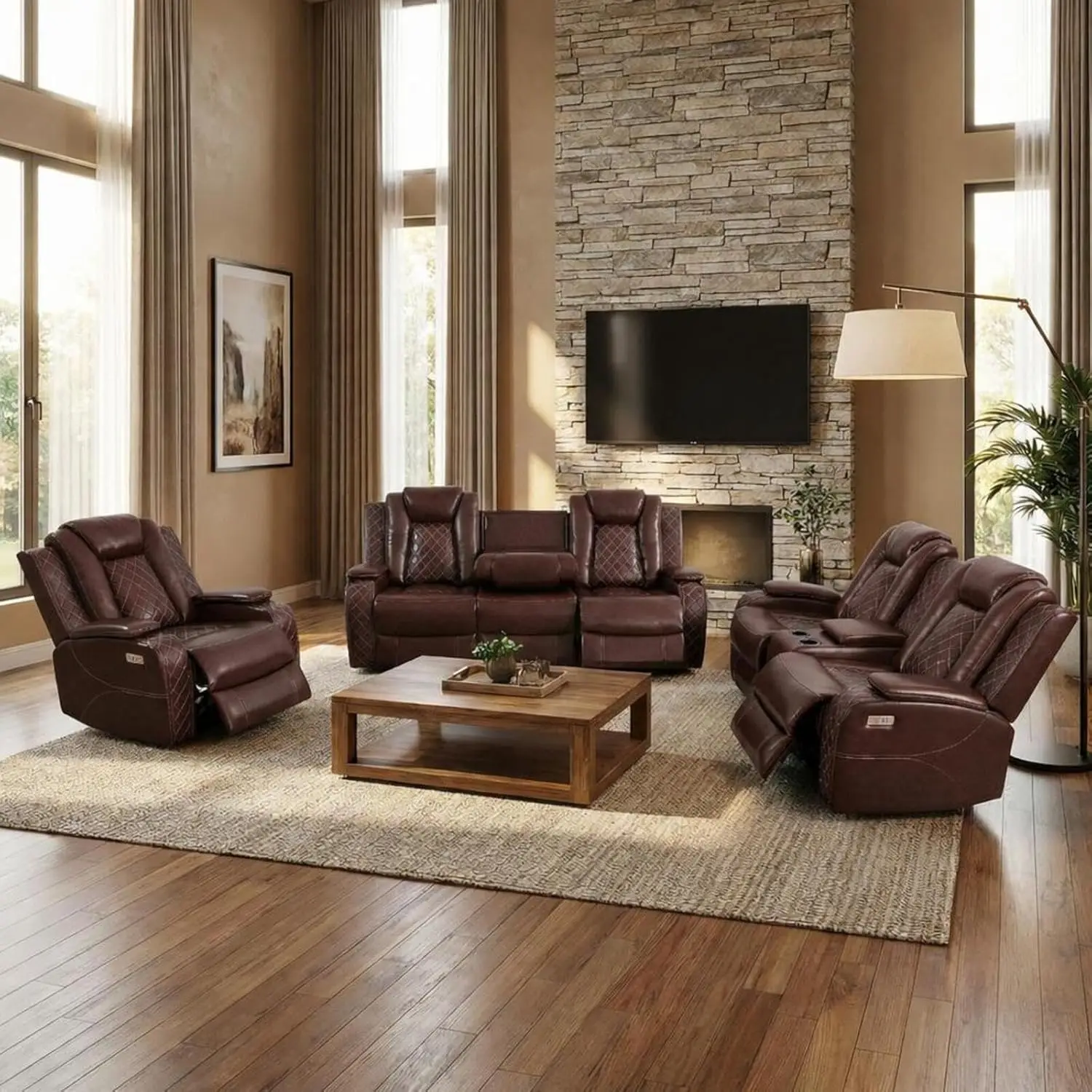 

3 Seat Power Recliner Sofa LED USB Storage Table Living Room Home Theater Red Brown Customized
