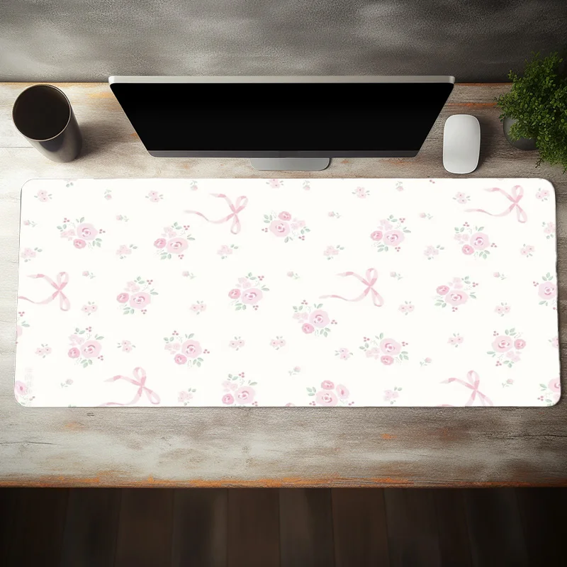 Light Pink Lovely Flower Green Leaves Bow Aesthetic Large Gaming Mouse Pad Non-slip Office Accessories Birthdaye Tens Friends