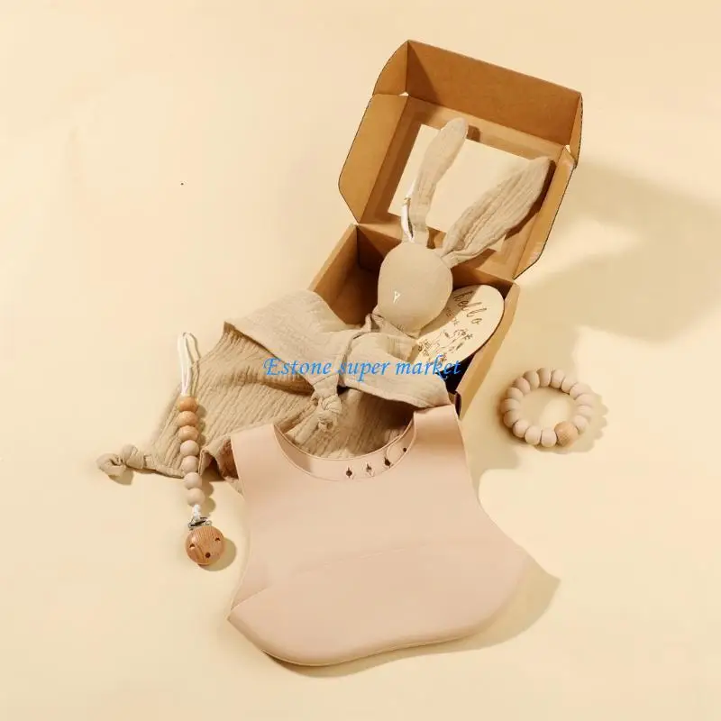 

090B Cotton Towel Baby Bib Teething Toy with Pacifier Chain Baby Essential Silicone Feeding Bib Teether for Baby 0-3 Year