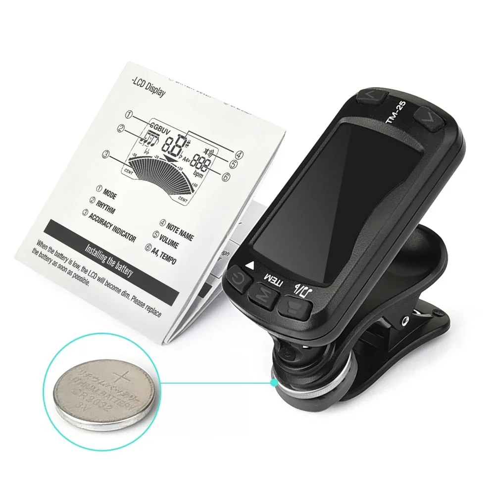 여행용 소형 3-In-1 튜너 - 자동 전원 차단 클립(카라비너 ​​후크 및 햇빛으로 읽을 수 있는 LCD 포함)(기타/우쿨렐레)