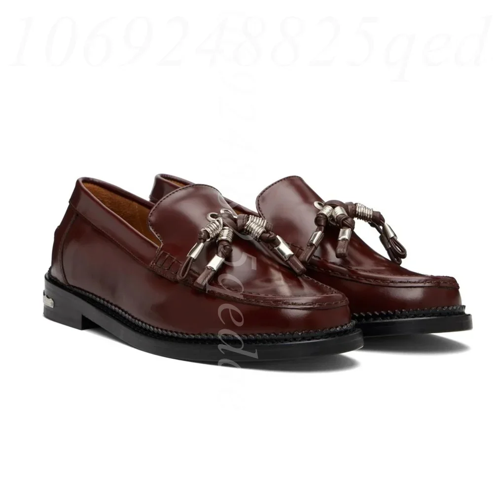 Men's Burgundy Premium Texture Tassel Decor Loafers, Slip on Low Heel Formal Dress Shoes with Metal Detail for Office Daliy Wear