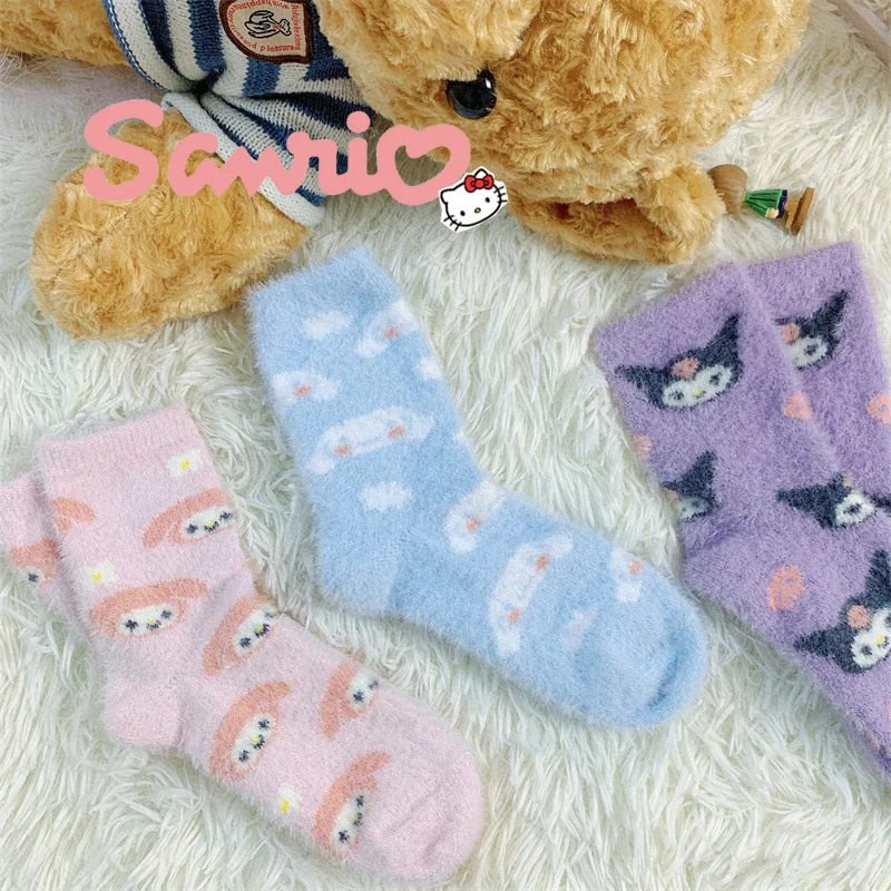 Sanrio Characters Thicked Plush Socks Kawaii Kuromi My Melody Cinnamoroll Children Autumn Winter Warm Socks Jk Girl Accessory