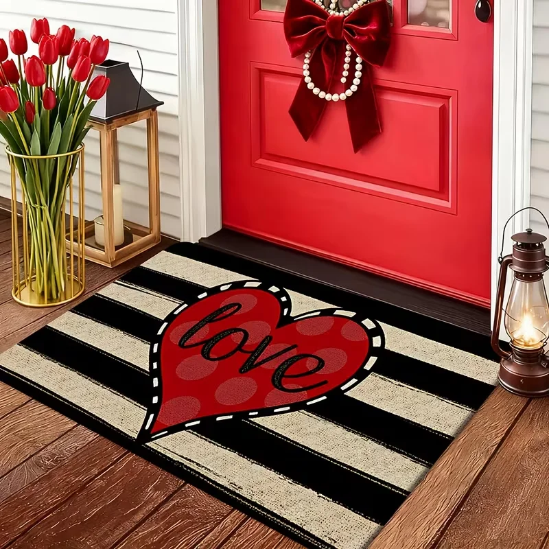 1pc Valentine's Day Door Mat WELCOME Rug with LOVE Heart & Hello Cursive Lettering Indoor Entryway, Bedroom, Kitchen Floor Mat