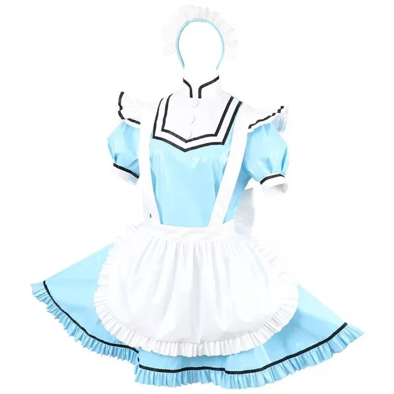 Costume cosplay da cameriera francese sissy sexy in PVC blu con bordo arricciato con serratura personalizzabile