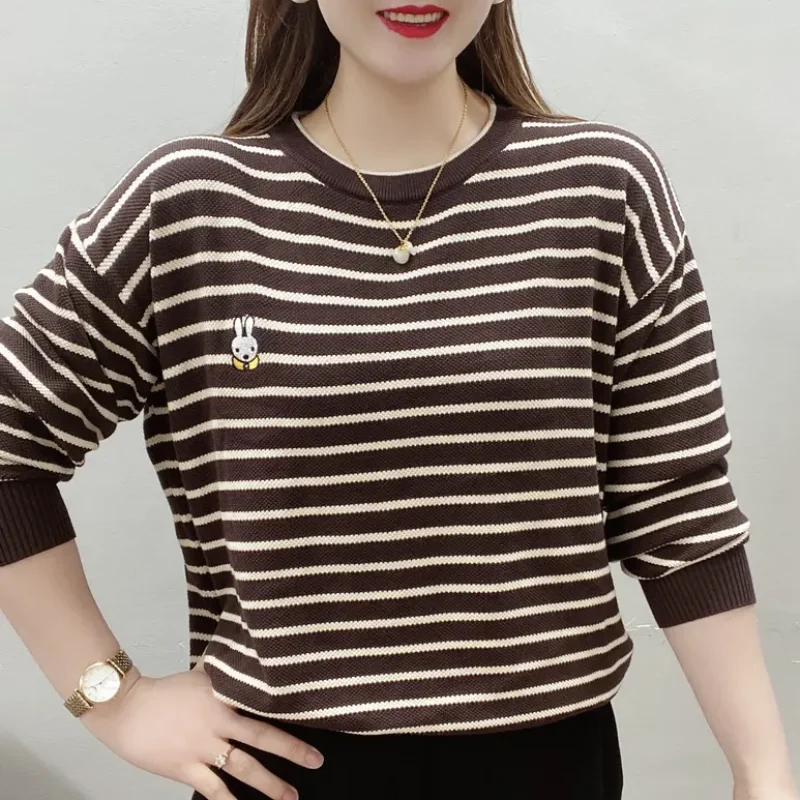 Korean Version Casual Versatile Commuter Women\'s Clothing Fashion Stripe Print Round Neck Long Sleeve Temperament Pullover Shirt