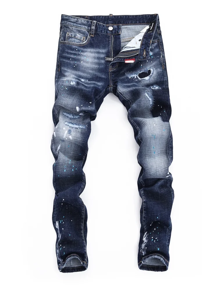 

Модные городские мужские узкие рваные джинсы High Street Sle в стиле пэчворк с отверстиями, джинсовые брюки со средней высокой талией, микрострейч