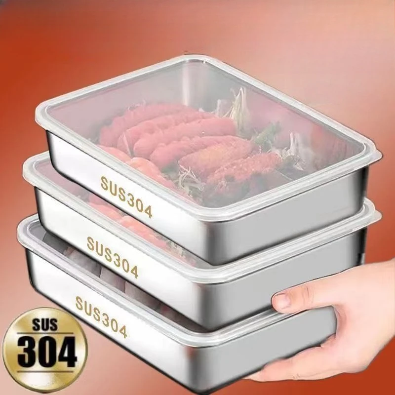 Stainless Steel Crisper Box with Lid Square Plate Refrigerator Storage Box Kitchen Bar Supplies 15326 Steamed Grilled Barbecue