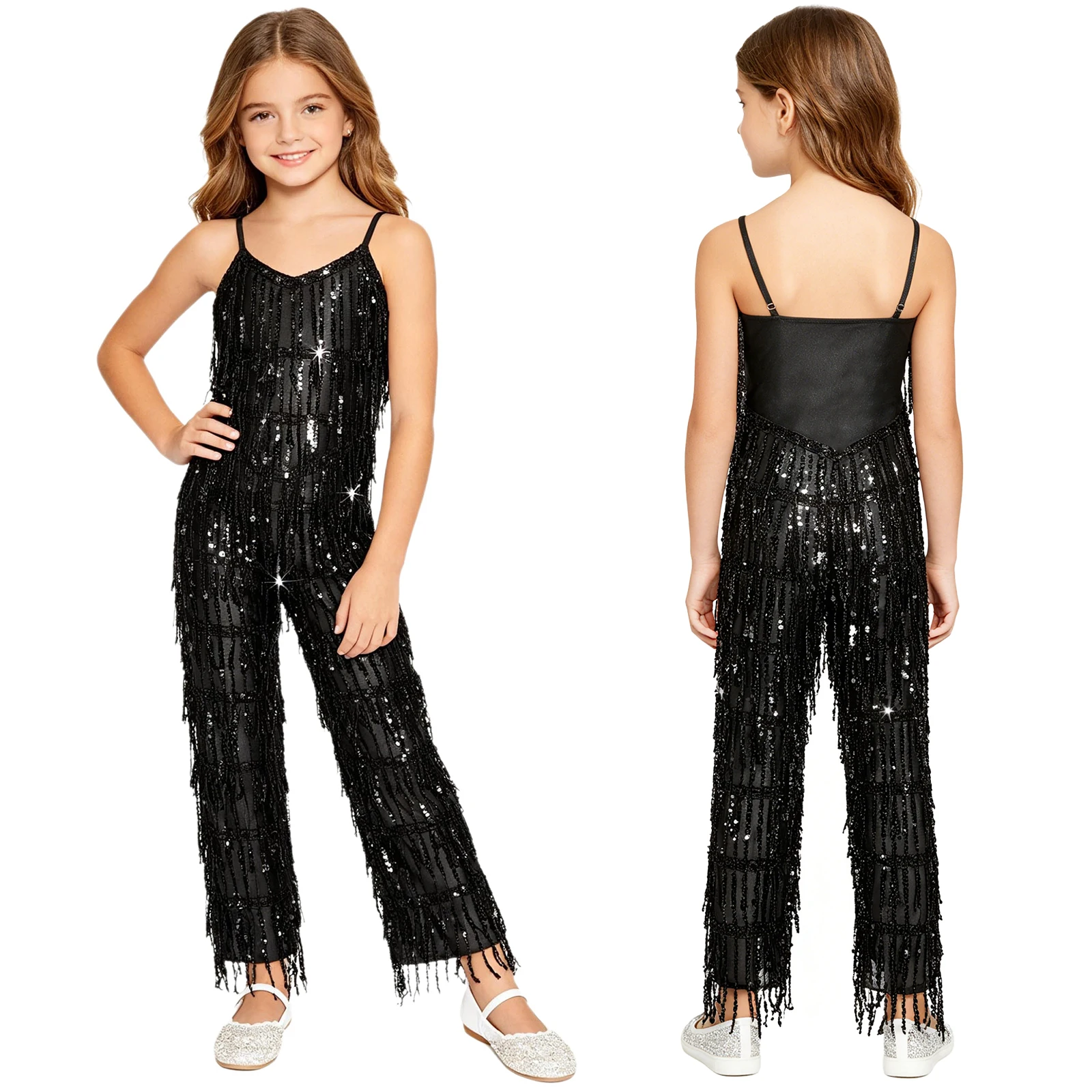 

Girls Disco Latin Dance Outfit Multi-layer Shiny Sequin Tassels Sleeveless Adjustable Straps Long Pants Jumpsuit for Stage Party
