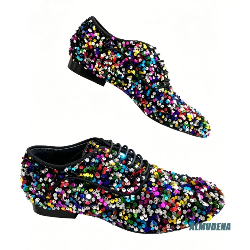 Multi Color Full Sequin Oxford Shoes Men's Fashion Round Toe Lace Up Flat Shoes Spring Autumn Stage Wedding Daily Formal Shoes