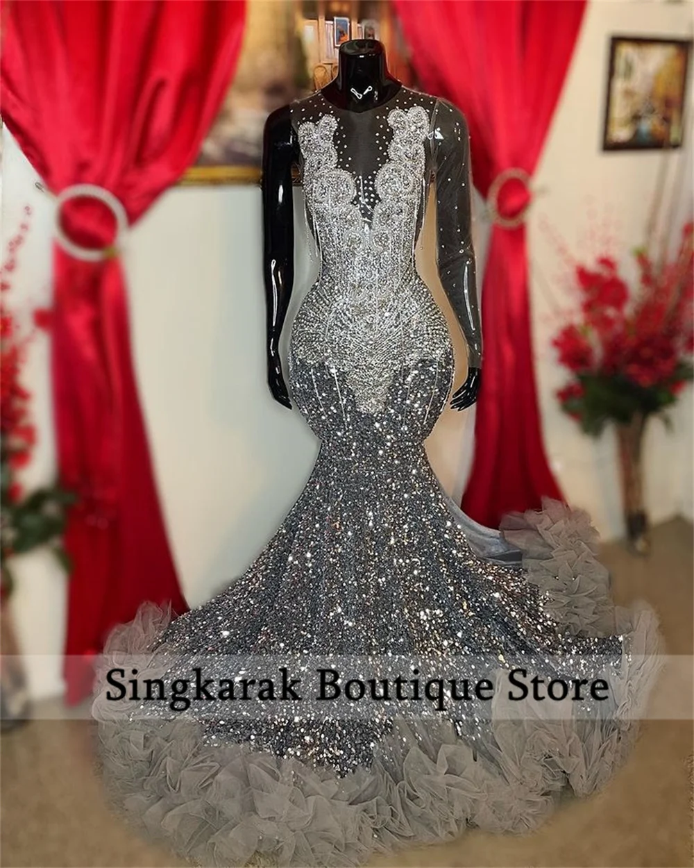 Luxury Sparkly Silver Diamonds Prom Dress 2024 For Black Girls Glitter Crystal Ruffle Bead Evening Party Gown   Customized