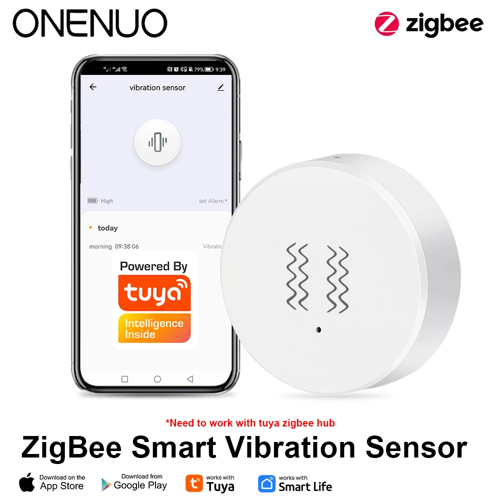 Sensor de detección de vibración Zigbe, notificación por aplicación Tuya Smart Life, registro de alarma de choque de movimiento en tiempo Real