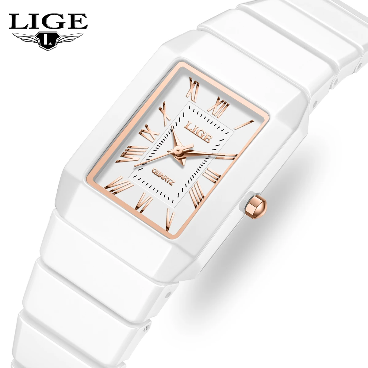 LIGE Simple Casual Women Roman Scale Dial Quartz Watch Full Ceramic Bracelet Ladies Wristwatches Female Clock Reloj Mujer